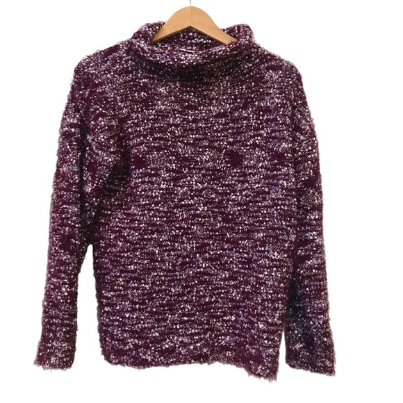 Loft Burgundy Wine Lavender White Mock Turtleneck Fuzzy Pullover Sweater Top L - Picture 1 of 6